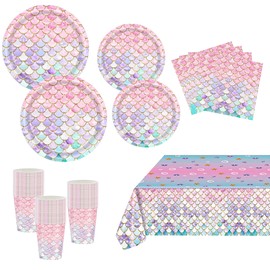 Mermaid Party Tableware, Pink Mermaid Party Decorations, Plate, Napkin, Cup, Tablecover for Mermaid Birthday Party Supplies, Serves 20 ﻿