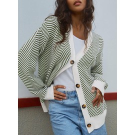 Dokotoo Women's Cardigans Long Sleeve Open Front Winter Knit Womens Cardigan Striped Color Block Casual Ladies Lightweight Knitted Outwear Coats Jacket Sweaters Green Stripe L UK 16 18