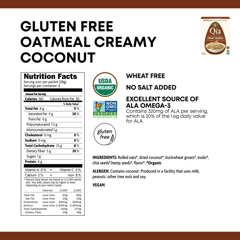 Qi'a Superfood Organic Hot Oatmeal - Creamy Coconut - 2