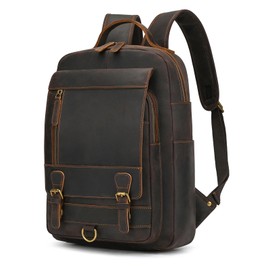 LUUFAN Full-grain Genuine Leather Shoulder Bag for Men Vintage Backpack Slim Daypack Laptop Rucksack Business Travel Outdoor Bag, Dark Brown