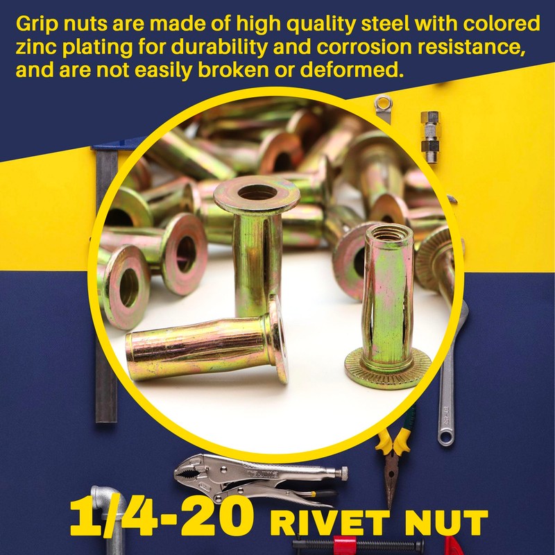 Terixe 100 Pack 1/4-20 Multi-Grip Rivet Nuts - Zinc-Plated Steel