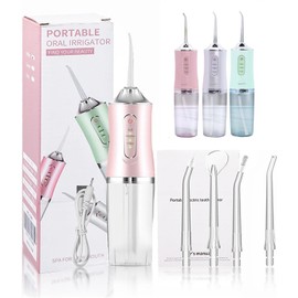 Limpiador de dientes inalámbrico Water Flosser，Irrigador Bucal，IPX7 impermeable240ML, hilo dental de agua de 3 modos con 4 puntas de chorro para el hogar，Hilo Dental de Agua sin Cable para el Hogar, Viajes, Ducha (rosa)