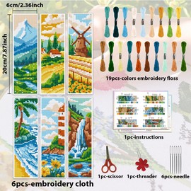 ACRNIGHEET 6pcs Cross Stitch Bookmark Kits, Landscape DIY Cross Stitch Bookmarks, Embroidery Bookmark Cross Stitch Kits with Scenery Pattern, Stamped Cross Stitch Kit Bookmark for Beginners Adults