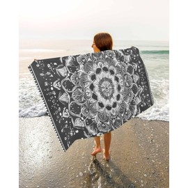 Bohemian Boho Black Floral Flower Microfiber Oversized Beach Towels, 250 GSM Absorbent Lightweight Quick-Dry Sand Free Large Beach Towel, Yoga Pool Gym Camping Travel Towel for Adults Kids(30x60inch)