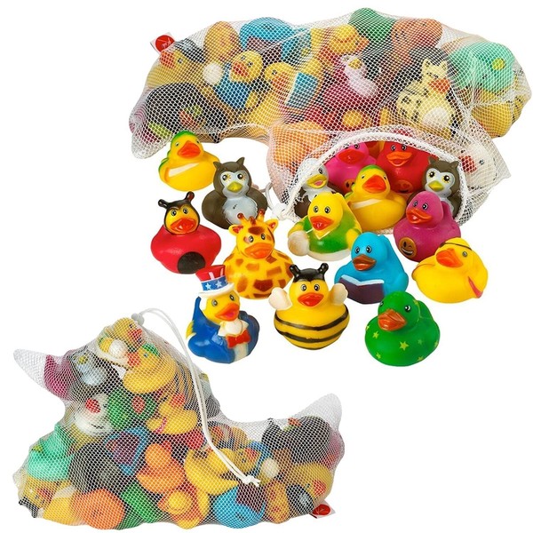 Kicko Assorted Rubber Ducks with Mesh Bag - 50 Ducklings, 2 Inch - for Kids, Sensory Play, Stress Relief, Novelty, Stocking Stuffers, Classroom Prizes, Decorations, Supplies, Holidays, Pinata Fillers