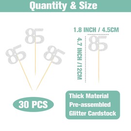 Sotpot 30 Pack Happy 85th Birthday Cupcake Toppers 85 Years Cupcake Decorations for 85th Birthday Anniversary Party Supplies Silver Glitter