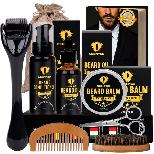 Ceenwes Upgraded Beard Grooming Kit with Beard Conditioner ,Beard Oil, Beard Brush, Beard Comb, Beard Balm, Beard & Mustache Scissors Storage Bag, Trimming Kit for Men Care Perfect Christmas Gifts