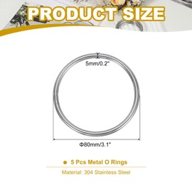 PATIKIL 3.1 Inch Metal O-Ring, Pack of 5 Heavy Design 304 Stainless Steel O-Rings Welded Round Rings for DIY Crafts Hardware Belt Dog Lead Macrame 5 x 80 mm