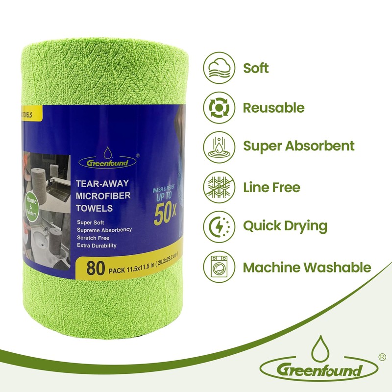 Greenfound Microfiber Cleaning Cloth Roll -80 Pack,Tear Away Microfiber Towels