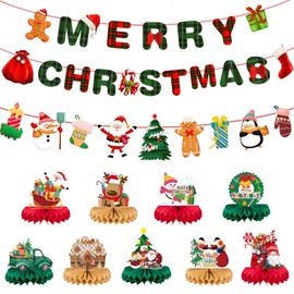 ABMISKAT 12pcs Christmas Honeycomb Centerpieces and Hanging Merry Christmas Banner Set, Xmas 3D Party Table Decoration with Santa Reindeer Snowman Christmas Tree Celebrate Holiday for Room Wall Home