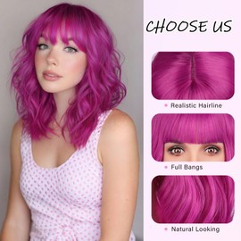14 Inch Colourful Short Bob Wigs with Bangs for Women, Loose Wavy Hair Shoulder Length Synthetic Rose Mix Purple Wig for Cosplay Daily Party Use, Rose mixed Purple