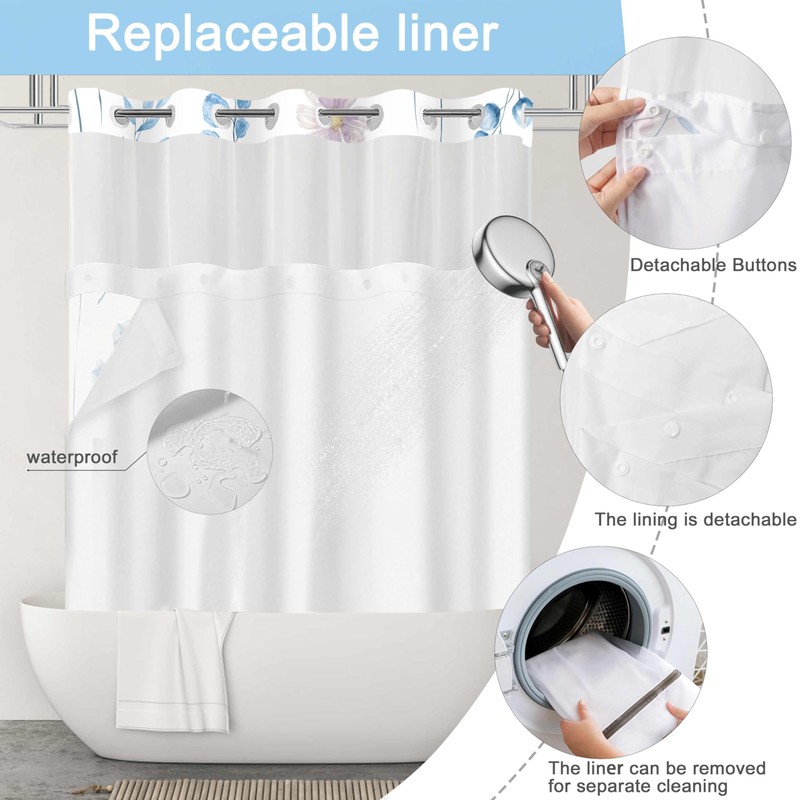 No Hook Shower Curtain and Liner Set, Blue Floral 71x77