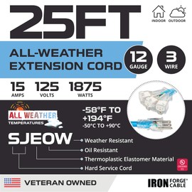 Iron Forge Cable Outdoor Extension Cord, 3 Outlet Extension Cord, 12/3 Extension Cord, 25ft Extension Cord, All Weather Cold & Hot Temperatures from -58°F to +194°F, SJEOW Lighted Cable