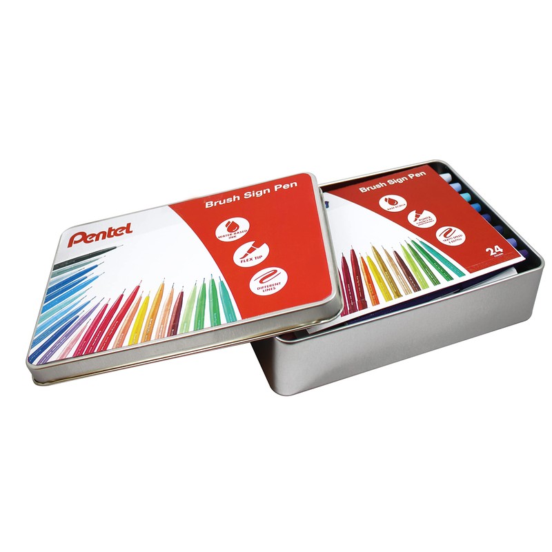 Pentel SES15C Brush Sign Pen Gift Box Metal with 24