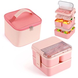 HASA zone Bento Lunch Box with Compartments, 1800ML Bento Box with Insulated Bag & Cutlery, Leakproof & Stackable 2 Layers Lunchbox for Adults & Kids- Work, On-the-Go, School (Pink)