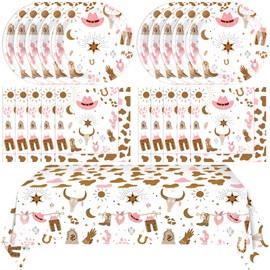41Pcs Western Cowgirl Birthday Party Decorations Pink Cowgirl Party Supplies Retro Cowgirl Paper Plates Napkins Tablecloth|First Rodeo Wild West Cowgirl Birthday Baby Shower Bachelorette Party Decor