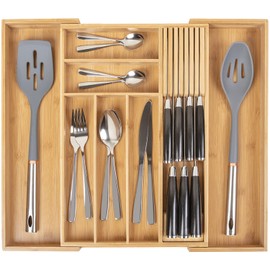 TIOPGHAD Bamboo-Silverware-Drawer-Organizer-Kitchen, Expandable Utensil Holder Cutlery Tray Flatware Organization Adjustable Wood Tableware Dividers Storage (with Removable Knife Block)