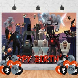Toilet Man Birthday Party Supplies Backdrop 5x3 Skibidi Happy Birthday Background Photography Cartoon Party Decorations Banner Photo Booth Props