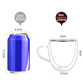 ProChosen Coffee Glasses Cups,Double Walled Glass Coffee Mugs with Handle,Hand Made,Dishwasher Safe,2x250ml Cappuccino Latte Glasses Cups for Coffee Tea Milk Borosilicate Heat Resistant Glass Cups