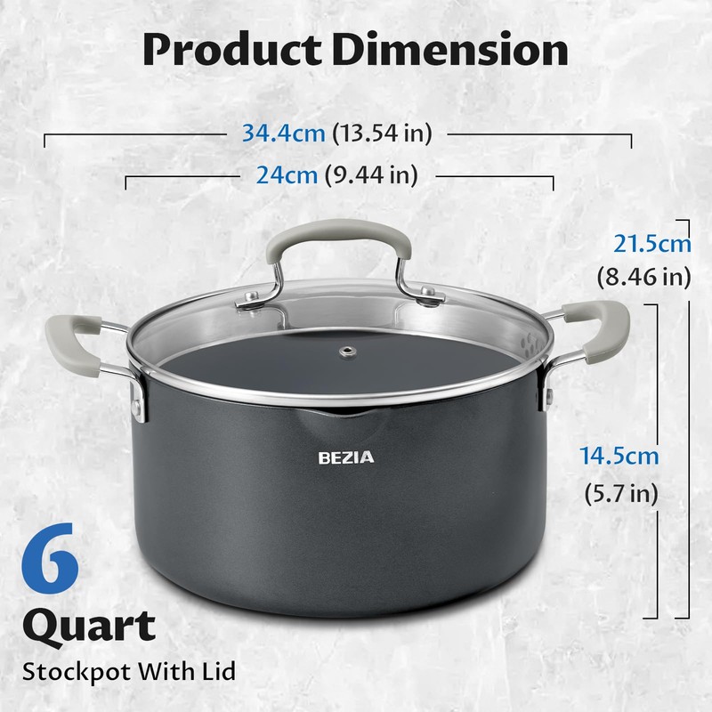 6 Quart Nonstick Stock Pot with Lid, BEZIA PFAS-Free Ceramic