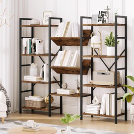 GAOMON Triple Wide 4 Tier Book Shelf, Tall Bookshelf with Open Display Shelves, Industrial Large Bookshelves and Bookcases with Metal Frame for Living Room, Bedroom, Home Office-Rustic Brown