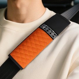 wuyaoyao 2PCS Bling Car Seat Belt Cover Pad, Breathable Leather Seatbelt Covers for Cars, Soft Comfortable Seatbelt Shoulder Strap Covers, Rhinestone Auto Seat Belt Protector Cushion (Orange)