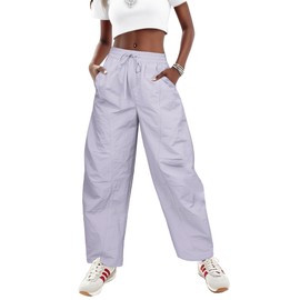LOOKBOHO Women's Travel Pants 2025 - Cargo High Waist Wide Leg Baggy Parachute Casual Drawstring Lightweight Hiking Trouser Streetwear with Pockets Gray X-Large