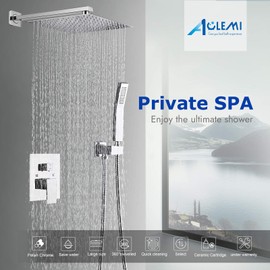 Rain Shower System 12 Inch Shower Head Polish Chrome Shower Combo Set with Handheld Shower Bathroom Wall Mount Mixer Pressure Balance Luxury Shower Faucet Rough-In Valve and Shower Arm Included