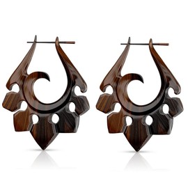 Pair of Organic Hand Carved Sono Wood Tribal Ornament Stirrup Hanger Earrings