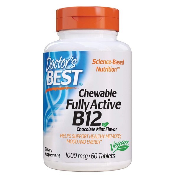 Doctor's Best Chewable Fully Active B12 Chocolate Mint Flavor, Memory, Mood, Circulation & Well-Being, 1, 000mcg, 60 Tablets