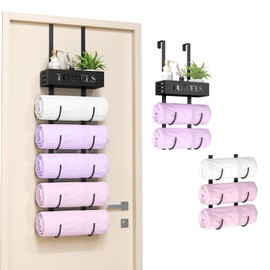 STWWO 6 Tier Over The Door Towel Racks for Bathroom, Wall Mount Bathroom Towel Storage with Basket, Over The Door Towel Holder for Roll Towels, Small Bathroom, RV, Camper, Black