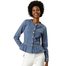 Allegra K Women's Peplum Denim Jackets Collarless Round Neck Button Down Cropped Ruffle Hem Jacket Medium Light Blue