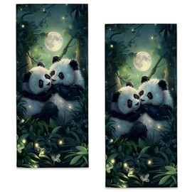 Bidesk Romantic Panda Hand Towels, 2 Pack Microfiber Adorable Panda in Moonlit Forest Towel Set for Kitchen Bath Spa Sport, 14.5"×28", Bathroom Absorbent Decoration Hand Towel for Hotel Gym Beach