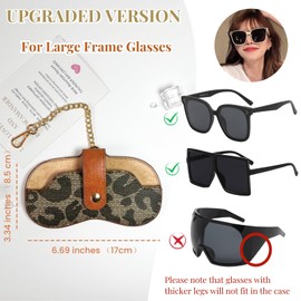 OhPinkShark Leopard Soft Leather Sunglasses Bag for Large Frame, Portable Ultra Slim Case for Oversized Glasses, Travel Eyeglass Organizer with Metal Strap, Women Eyewear Pouch with Cleaning Cloth
