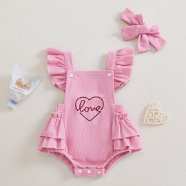 Edhomenn Baby Girls Valentine's Day Outfits Heart Embroidery Flying Sleeves Jumpsuit with Bow Headband Set Newborn Girls Summer Clothing, 01 Pink