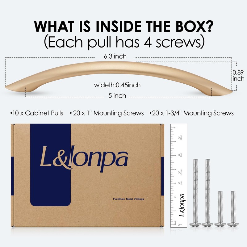 L&lonpa 10 Pack Matte Gold Cabinet Handles-5 inch/128mm Screw Spacing
