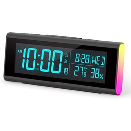 SPuRuiMaK Alarm Clock, Digital Calendar, Temperature, Humidity, Snooze Function, Dimmable, Multicolor Night Light, Japanese Instruction Manual Included (Black)