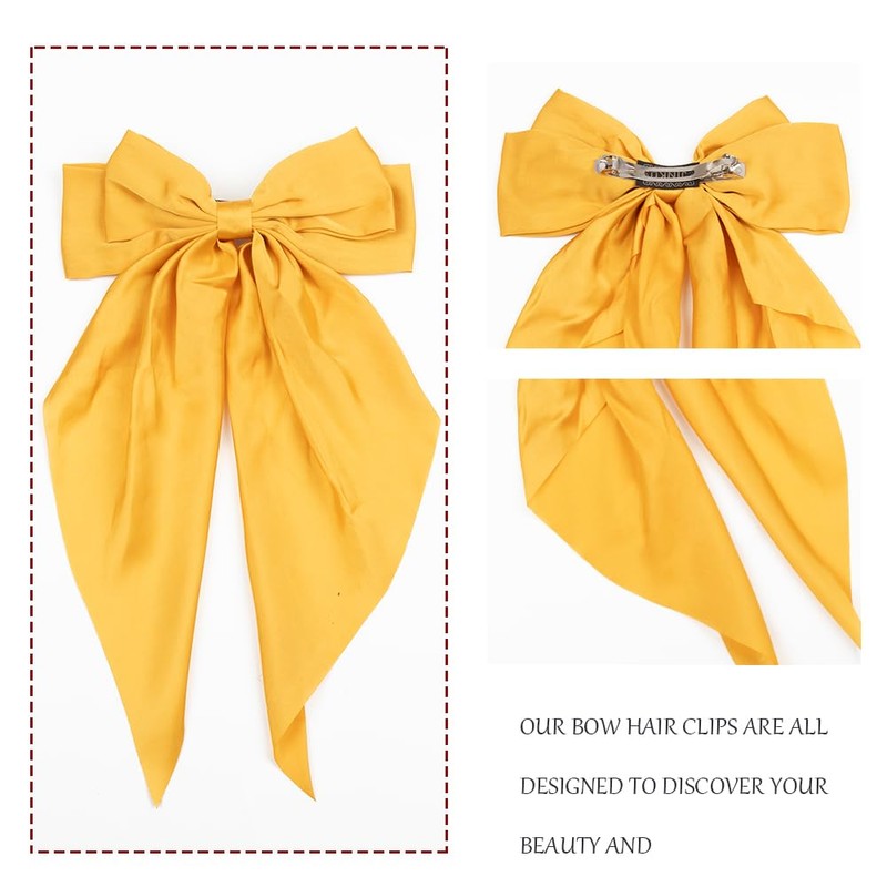 Silky Satin Oversized Long-tail Bow Clip, Large yellow Hair Bow