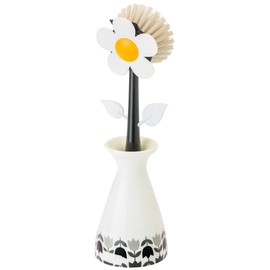 Vigar Flower Power Nylon Dish Brush with White Vase Holder, 11-1/2-Inches, White, Black