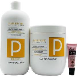 Maxy Look Hair Recipe Feed Your Hair Protein Nourishing Shampoo & Mask for Damaged, Frizzy & Chemically Treated Hair 1000 ml /33.8 fl oz - Free Starry Lip Gloss 10ml