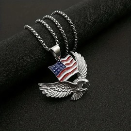 Mens Majestic Silver Eagle with American Flag Pendant Necklace - A Bold Hip Hop Jewelry Statement, Symbol of Freedom and Unmatched Style (Silver)