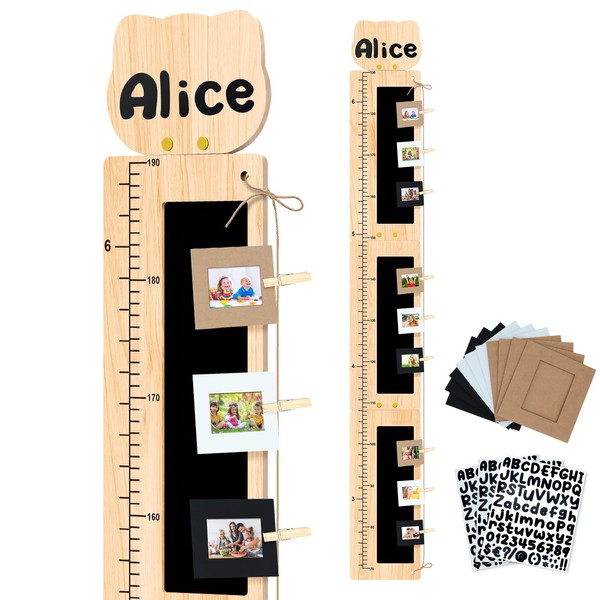 Growth Chart Blackboard for Kids - Personalized Solid Wood Height Chart for Kids Customize Names with Stickers - Measurement Ruler with DIY Photo Frames Hanging Wall Decor for Room