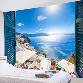 LB Island Tapestry Greek Seascape Wall Hanging Blue Ocean and Colorful Flowers Tapestries European Style Poster for Living Room Bedroom Wall Decor,92x70 inch