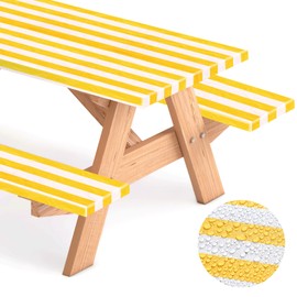 SmoothNovelty Picnic Table Cover with Bench Covers 72 x 30 Inch Waterproof Elastic Fitted Outdoor Stripe Tablecloth for 6 ft Rectangle Tables, School Camping Accessories Park(Yellow and White)