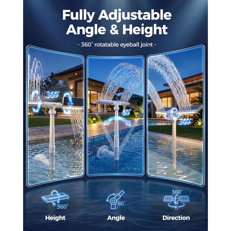 Solar Pool Fountain with Lights, Dual-Head Adjustable Spray, Timer