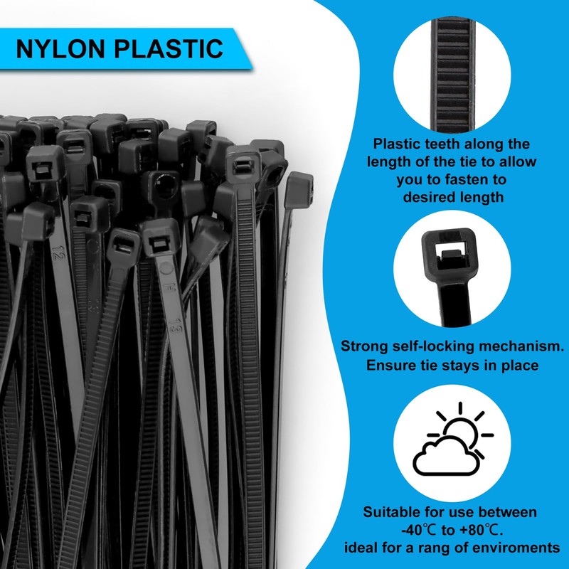 MEKEET Small Cable Ties Black 100 Pack - 200mm x