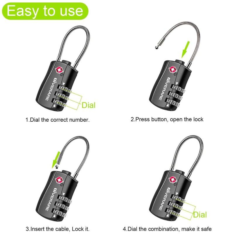 GIVERARE 4 Pack TSA Approved Luggage Locks, Combination Travel Cable