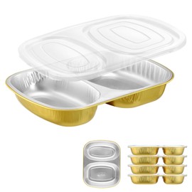 MESTAEK Aluminum Foil Pans of Divided Compartment with Snap-On Lids (5 Pack) | 2X Thicker Heavy Duty Reusable Container 27oz for Take-Out (Gold)
