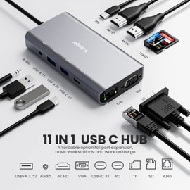 USB C Hub Dual HDMI, Kubager 11 in 1 USB C Hub with 2 HDMI 4K, VGA, 1000M Ethernet, 2 USB 3.1, USB-C 3.1, 100W PD,SD/TF Card Reader, Mic/Audio, Compatible for MacBook Dell HP Lenovo