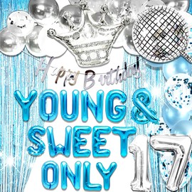 LaVenty Silver Blue Young and Sweet Only 17 Balloons Happy Birthday Banner (Silver Blue)